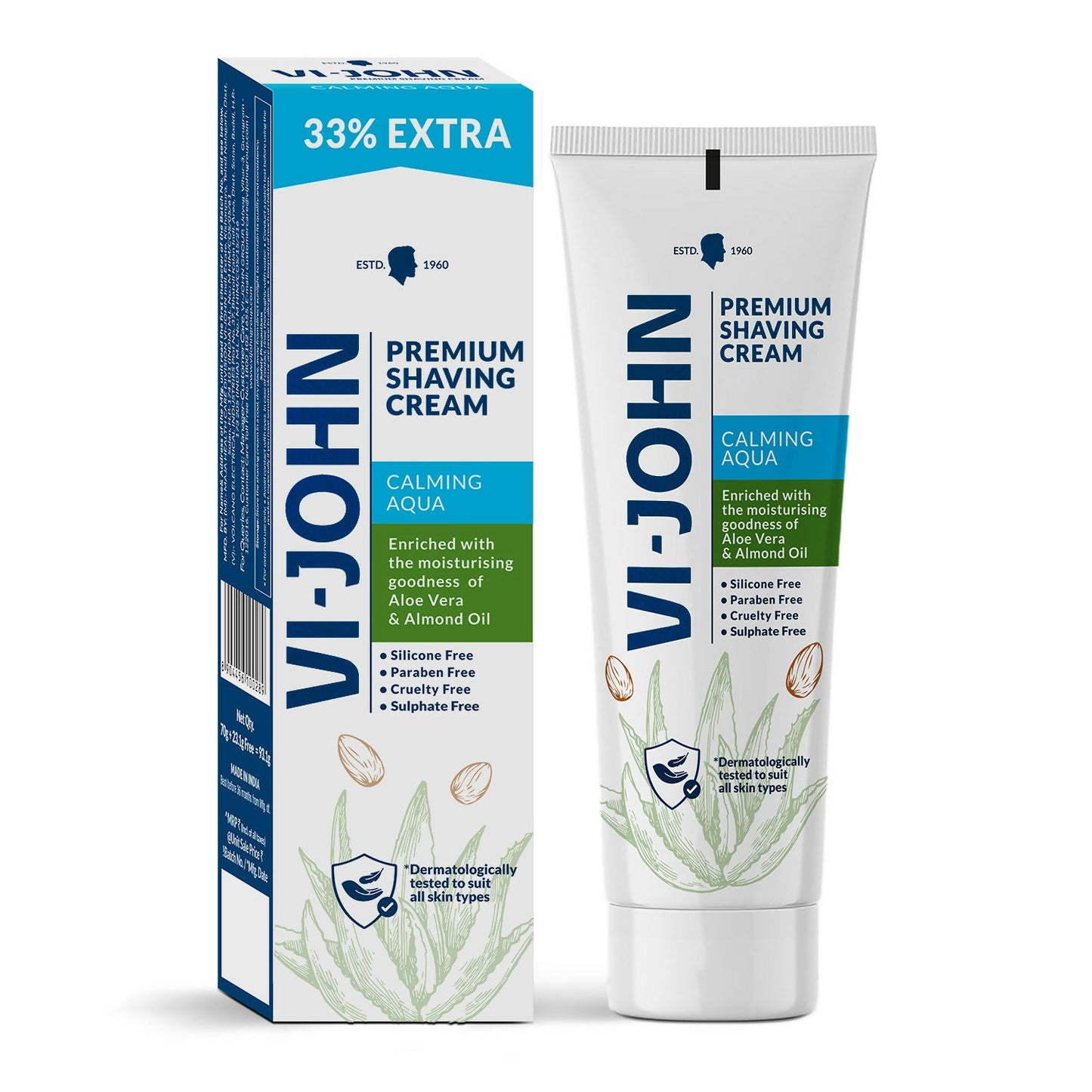 VI-JOHN Dermatologically Tested Premium Claming Aqua Shaving Cream Enriched with Aloevera & Almond Oil free From Silicone,Paraben & Mineral Oil | Swadesiicart