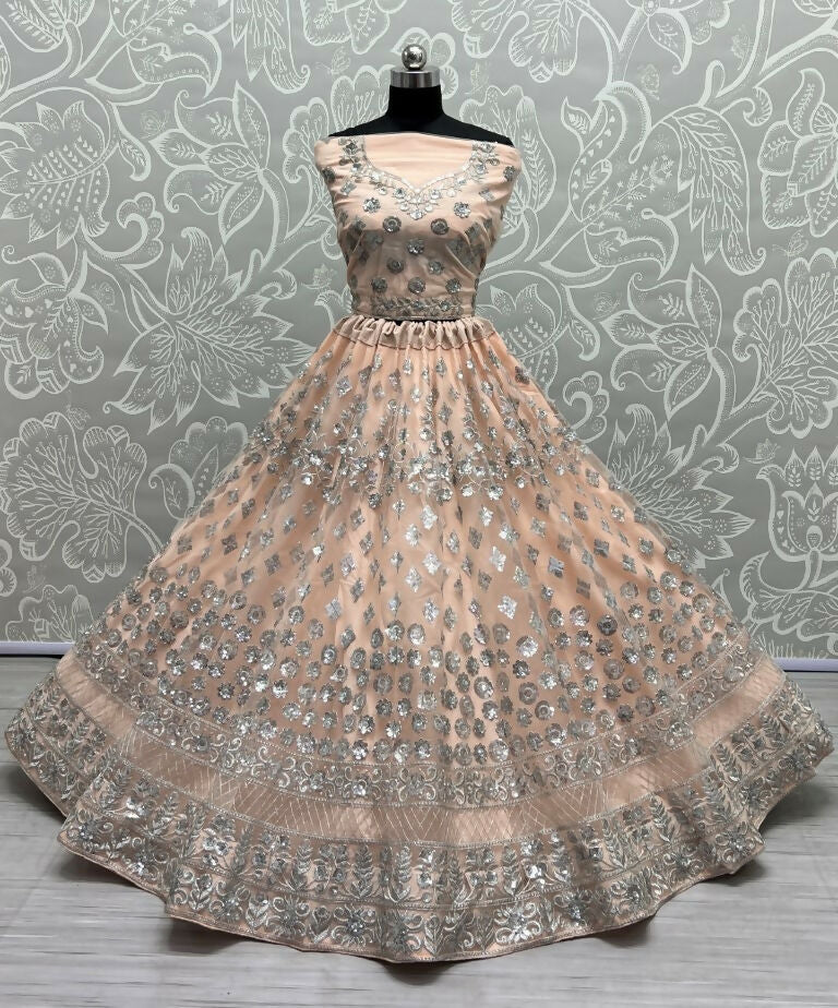 Jyoti Fashion Women's Peach Bridal Net Zari with Thread Embroidered Wedding Lehenga Choli | Swadesiicart