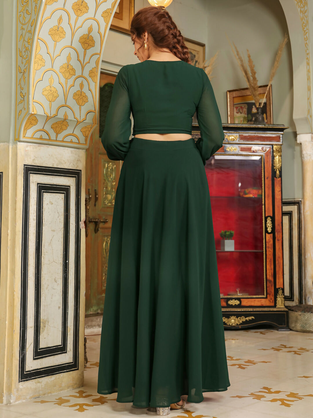 Janasya Dark Green Georgette Embroidered Top & Skirt | Swadesiicart