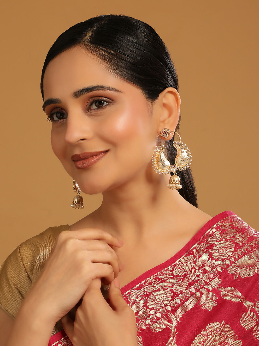 Nuyug 22K Gold Plated White Stone Studded Contemporary Mini Jhumki Dangler Earrings | Swadesiicart