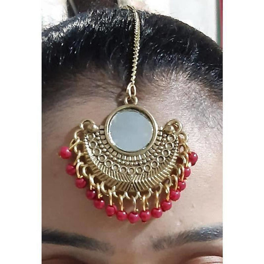 MS Fashion India Gold-Polished Red Color Pearls Mirror Maang Tikka | Swadesiicart