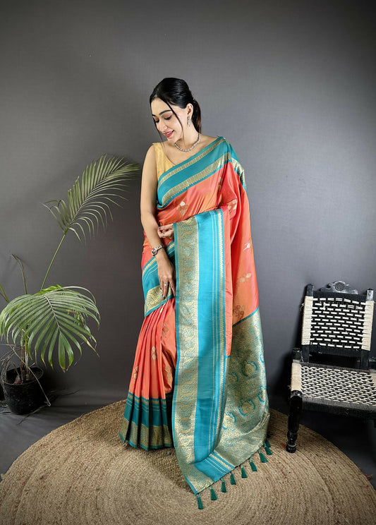 Joban Fashion Peach Banarasi Soft Silk Woven Saree | Swadesiicart