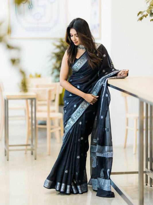 DEIANA'S Beautiful Designer Golden zari Soft Cotton Saree - Black - Swadesiicart