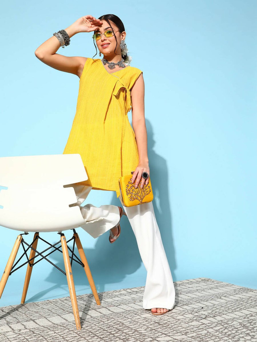 Ahalyaa Women Mustard Cotton Fluid Tie-Up Tunic | Swadesiicart