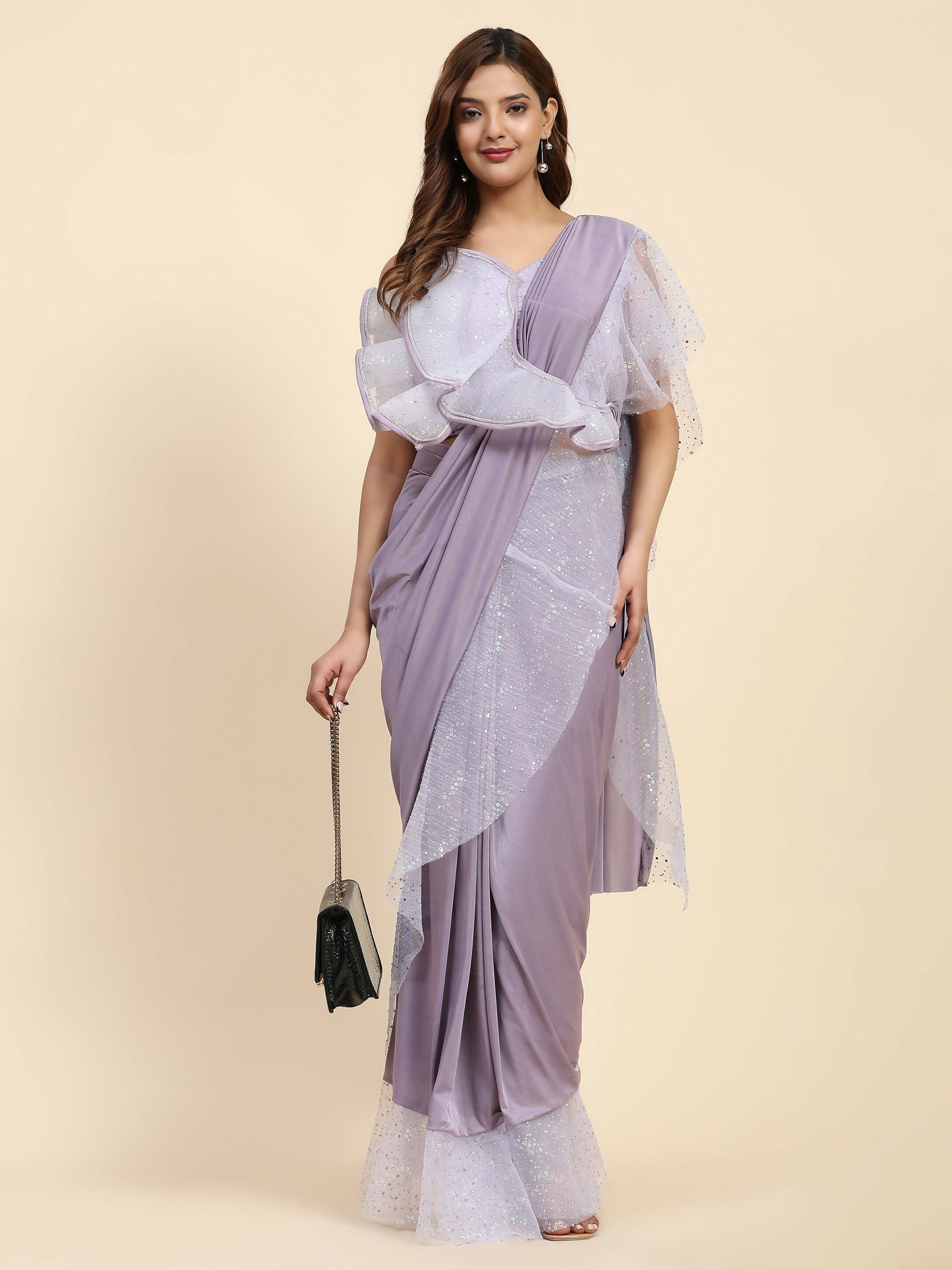Light Purple Lycra Solid Ready to Wear Saree with stitched Blouse - Nita | Swadesiicart