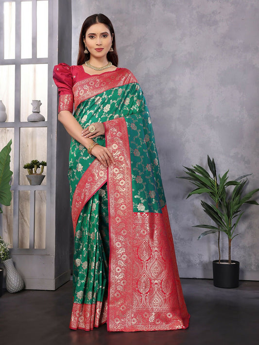 Joban Fashion Banarasi Green Woven Soft Silk Saree | Swadesiicart