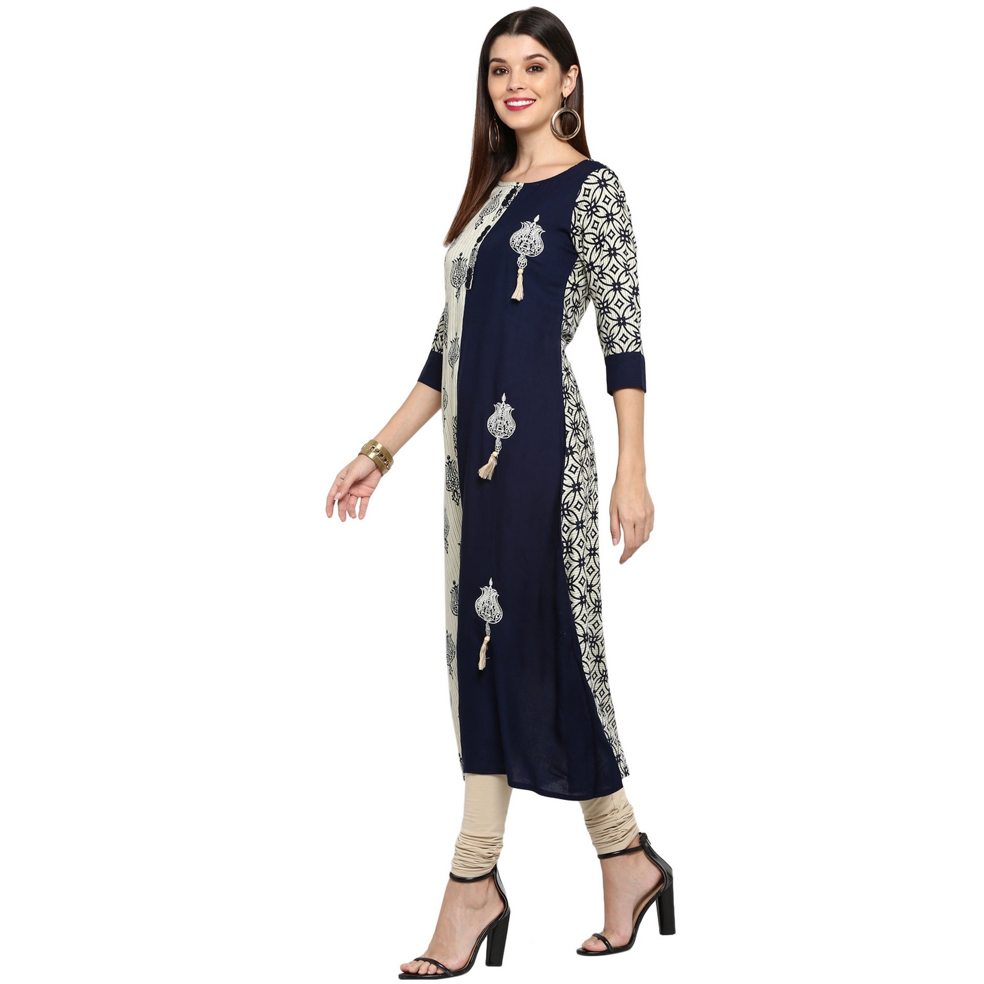 NOZ2TOZ Women's Blue & White Rayon Straight Kurta- (1pc set) - Swadesiicart