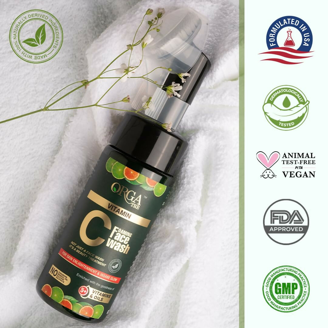 Orgatre Vitamin C Foaming Face Wash with Built-in Silicon Brush, Niacinamide Foaming cleanser for Acne prone Skin - Swadesiicart