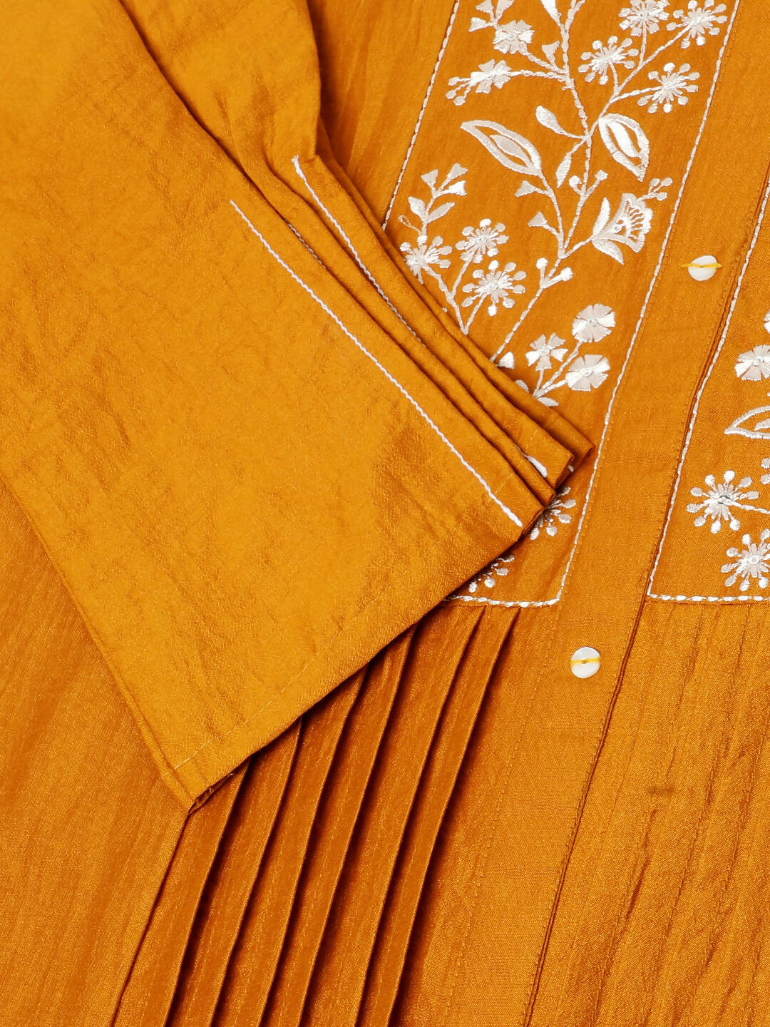 Mustard Chinon Yoke Embroidered A-line Top - Tarini - Swadesiicart