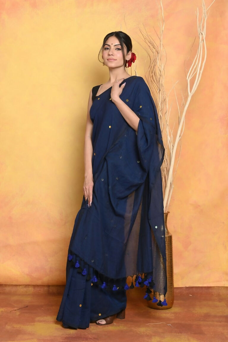 Very Much Indian Pure Mul Cotton Handloom Saree - Dark Blue | Swadesiicart