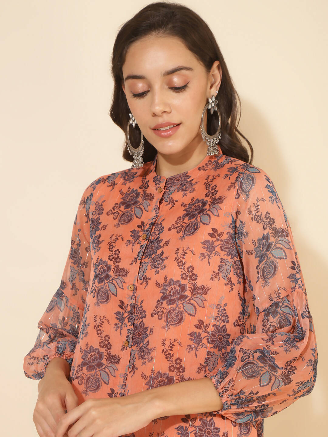 Janasya Women's Peach Chiffon Lurex Floral Printed Festive Regular Co-ords - Swadesiicart