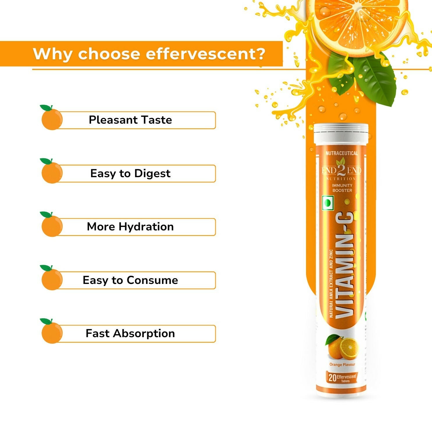 End2End Nutrition Vitamin C with Natual Amla Extracts For Extra Glowing Skin & Stronger Immunity Tablets - Swadesiicart