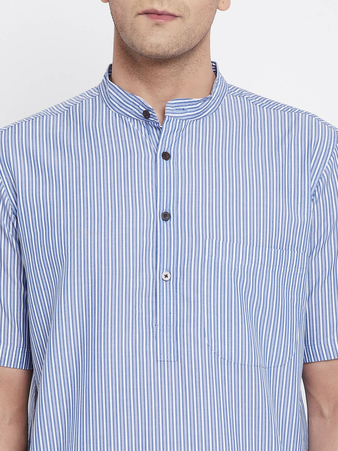 Even Apparels Blue Men's H/S Pure Cotton Kurta With Band Collar | Swadesiicart