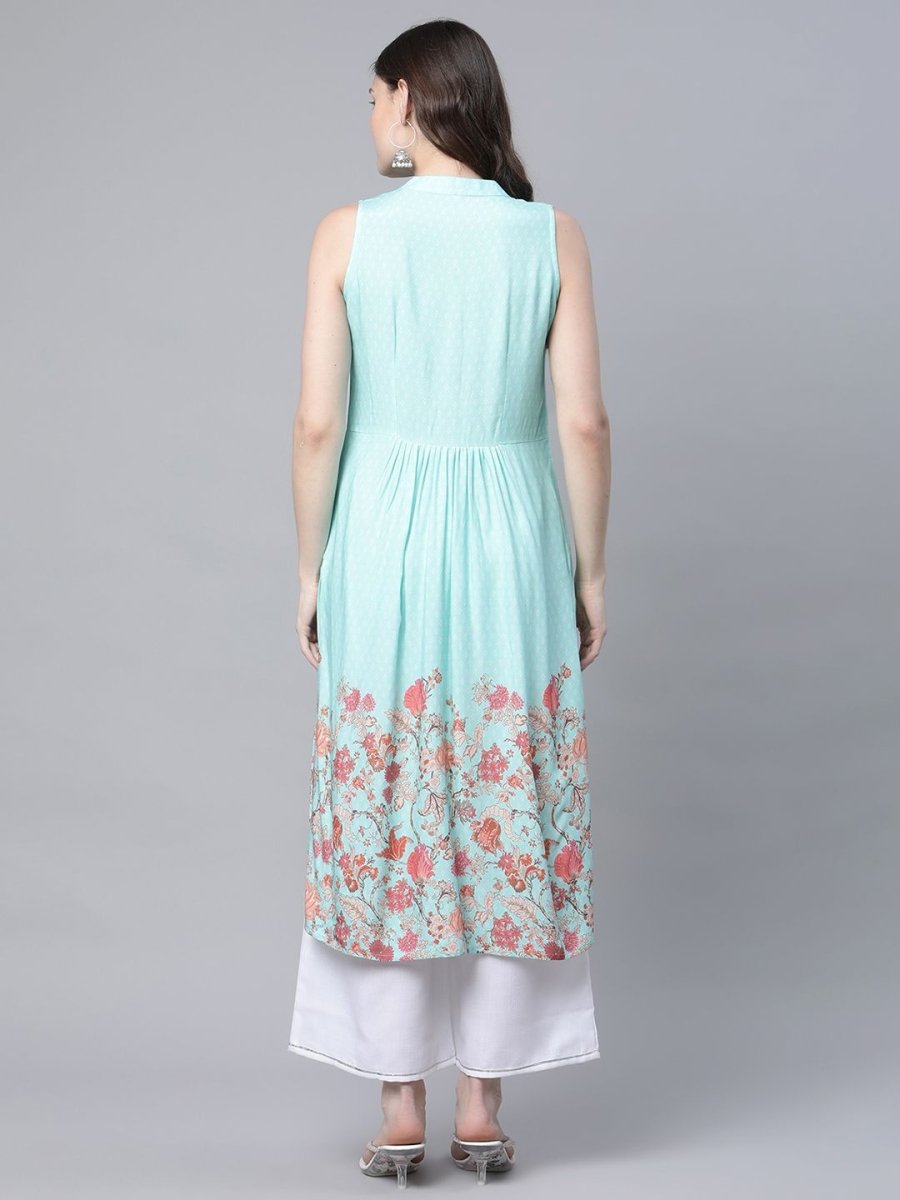 Ahalyaa Women's Sky Blue Rayon Printed Kurta Palazzo Set | Swadesiicart