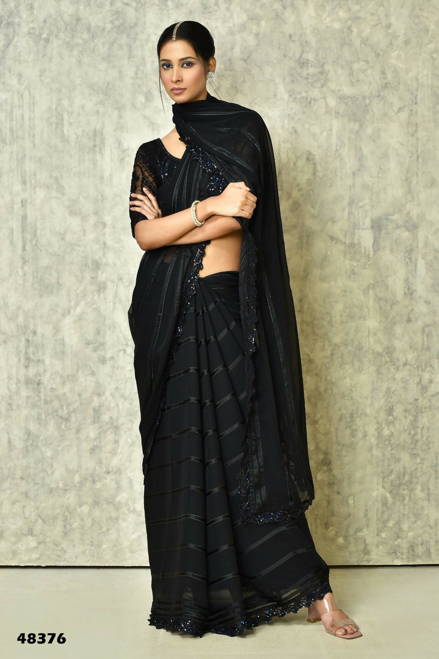 Black Silk Stripe Saree With Blouse Piece - Purvi