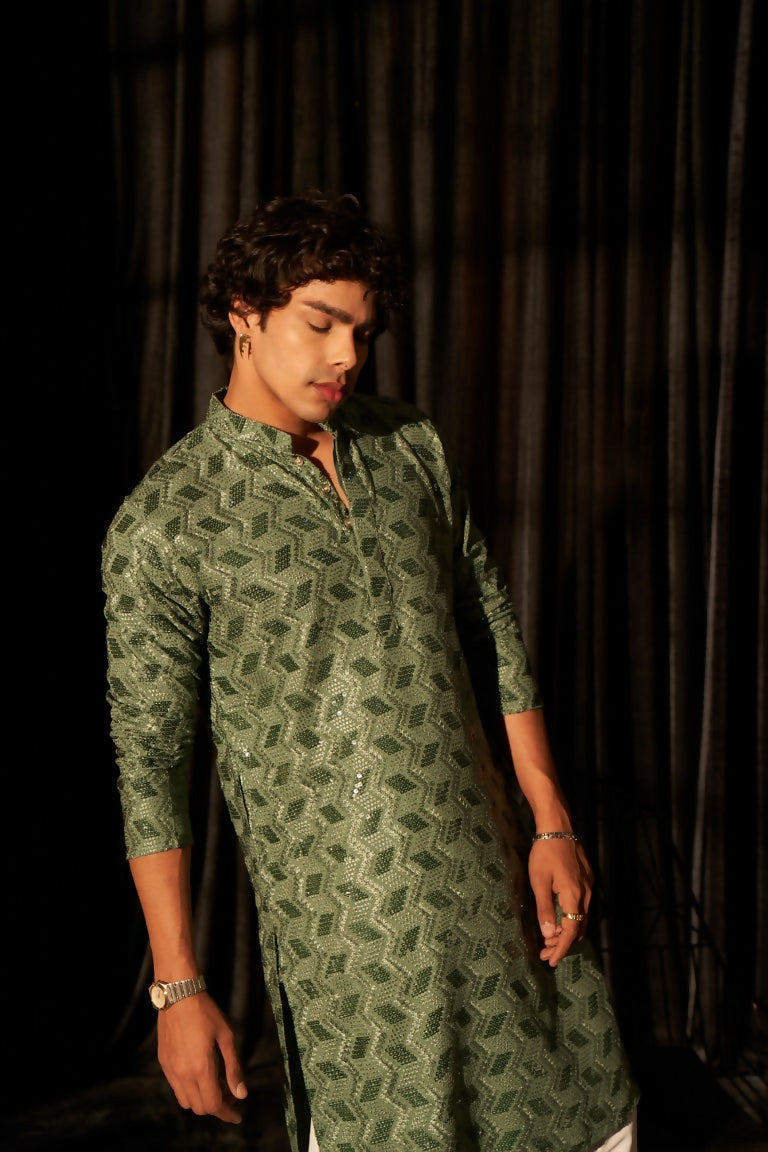 Green viscose Chikankari Embroidery Work Men's Traditional Kurta Set - Mahotsav | Swadesiicart