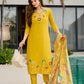 The52 Yellow Women's Gorgeous Embroidered work Viscose Gadhwal Fabric Straight Kurta, Pant and Dupatta Set - Swadesiicart