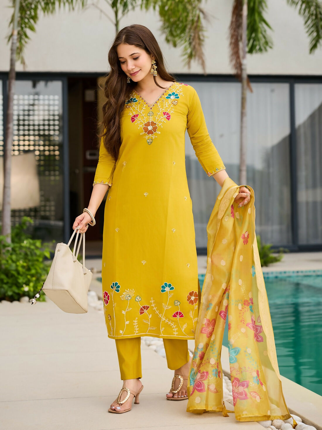 The52 Yellow Women's Gorgeous Embroidered work Viscose Gadhwal Fabric Straight Kurta, Pant and Dupatta Set - Swadesiicart