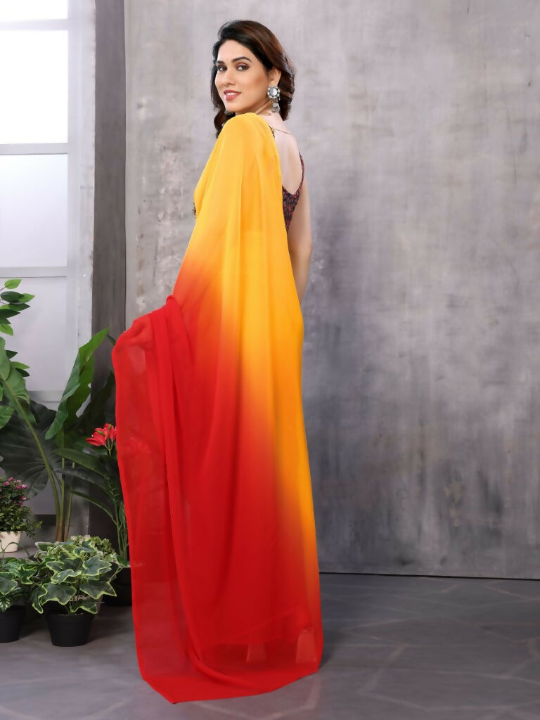 Partywear Designer Yellow & Red Georgette Fancy Saree - Satrangi | Swadesiicart
