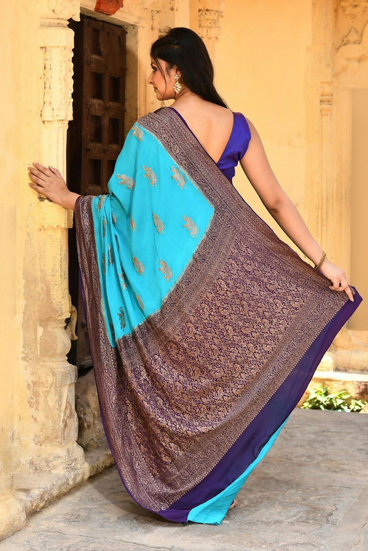 Joban Fashion Sky Blue Crepe Chiffon Pure Handloom Banarasi Silk Saree | Swadesiicart