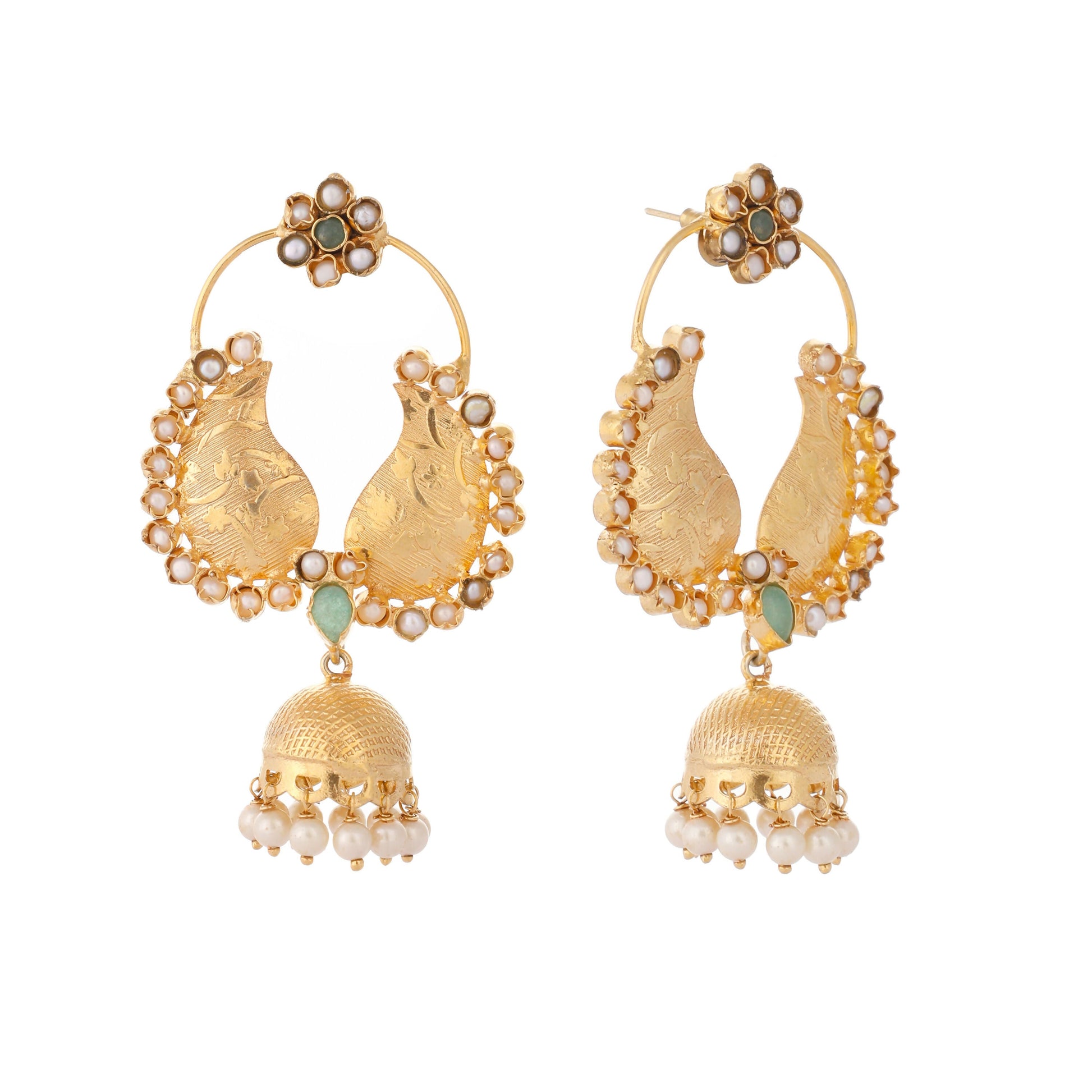 Nuyug 22K Gold Plated Pearls Studded Contemporary Shaped Mini Jhumki Drop Dangler Earrings | Swadesiicart