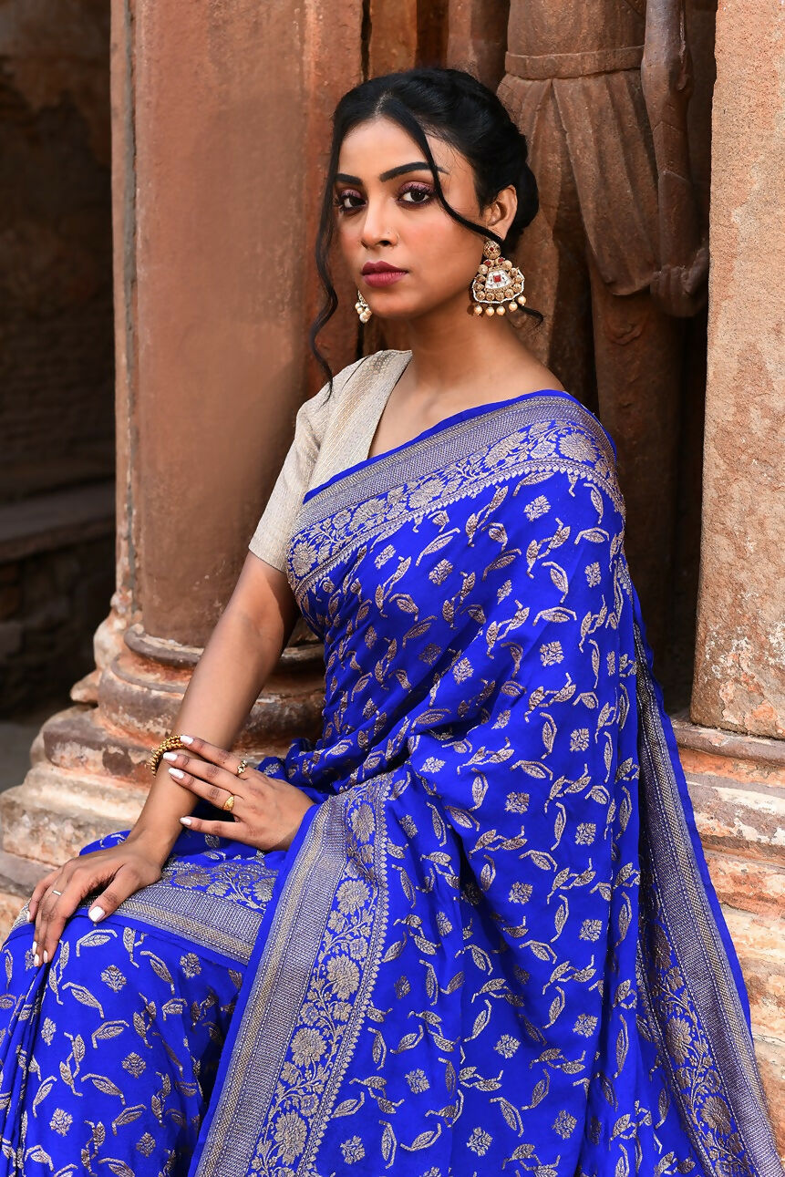 Joban Fashion Violet Crepe Chiffon Pure Handloom Banarasi Silk Saree | Swadesiicart