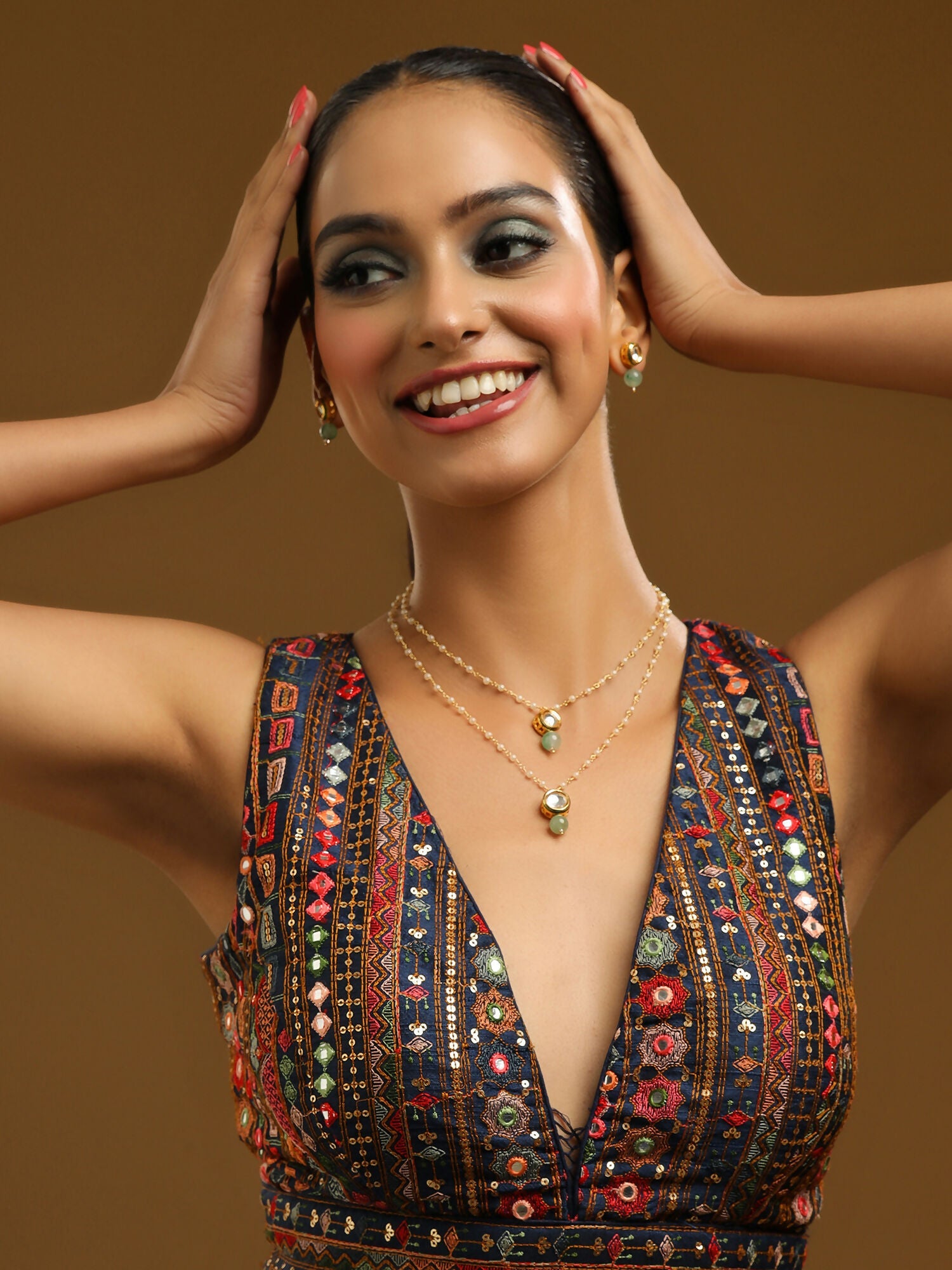 Ruby Raang Green Aventurine & Kundan Necklace with Studs | Swadesiicart