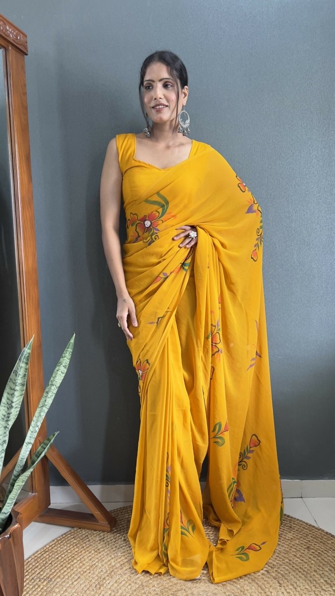 Aayaa Designer 1 min Hand Painted Ready to Wear saree - Mustard Yellow | Swadesiicart