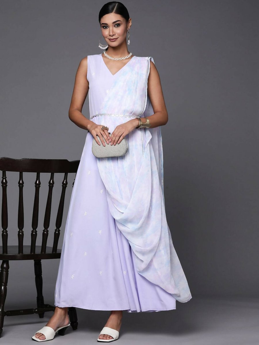 Ahalyaa Blue & White Floral Print Ethnic Maxi Dress with Attached Dupatta | Swadesiicart