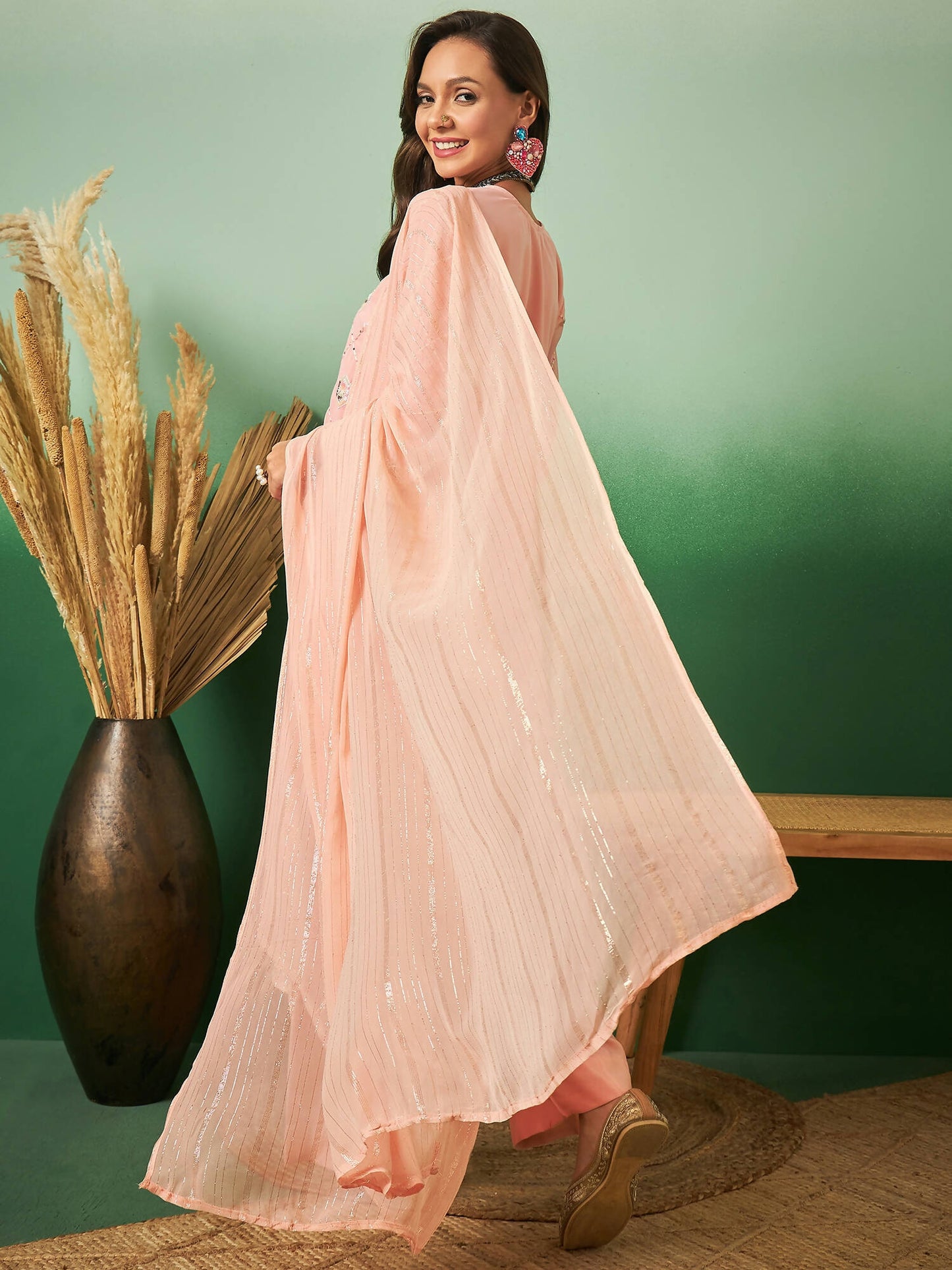 Peach Georgette Handwork Unstitched Dress Material - Hanika | Swadesiicart