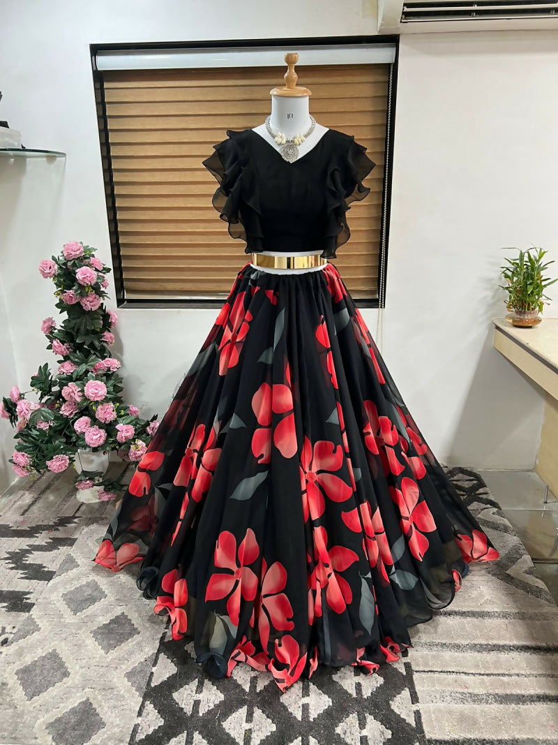 Dishitha Creation Floral Printed Stitched Lehenga & Crop Top - Black & Black | Swadesiicart
