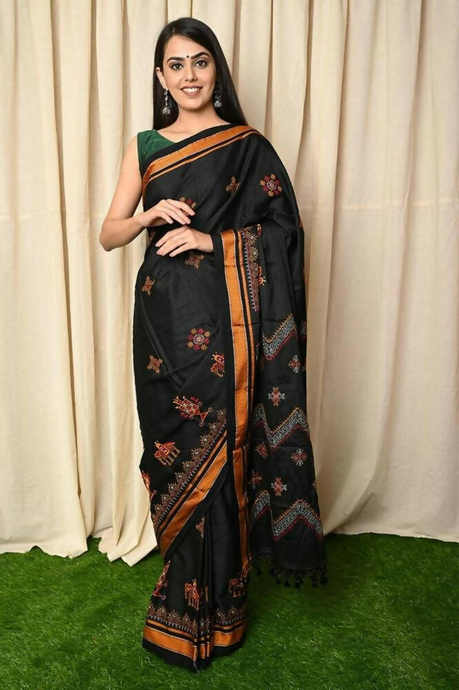 Very Much Indian Khun Saree Cotton Resham Handwoven Chrome Yellow & Black | Swadesiicart