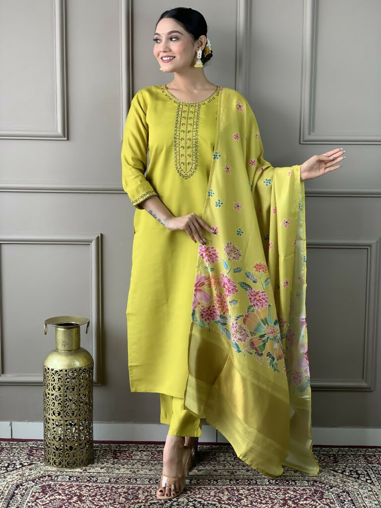 Lemon Viscose chanderi Stitched Suit With Dupatta - Tanisha | Swadesiicart