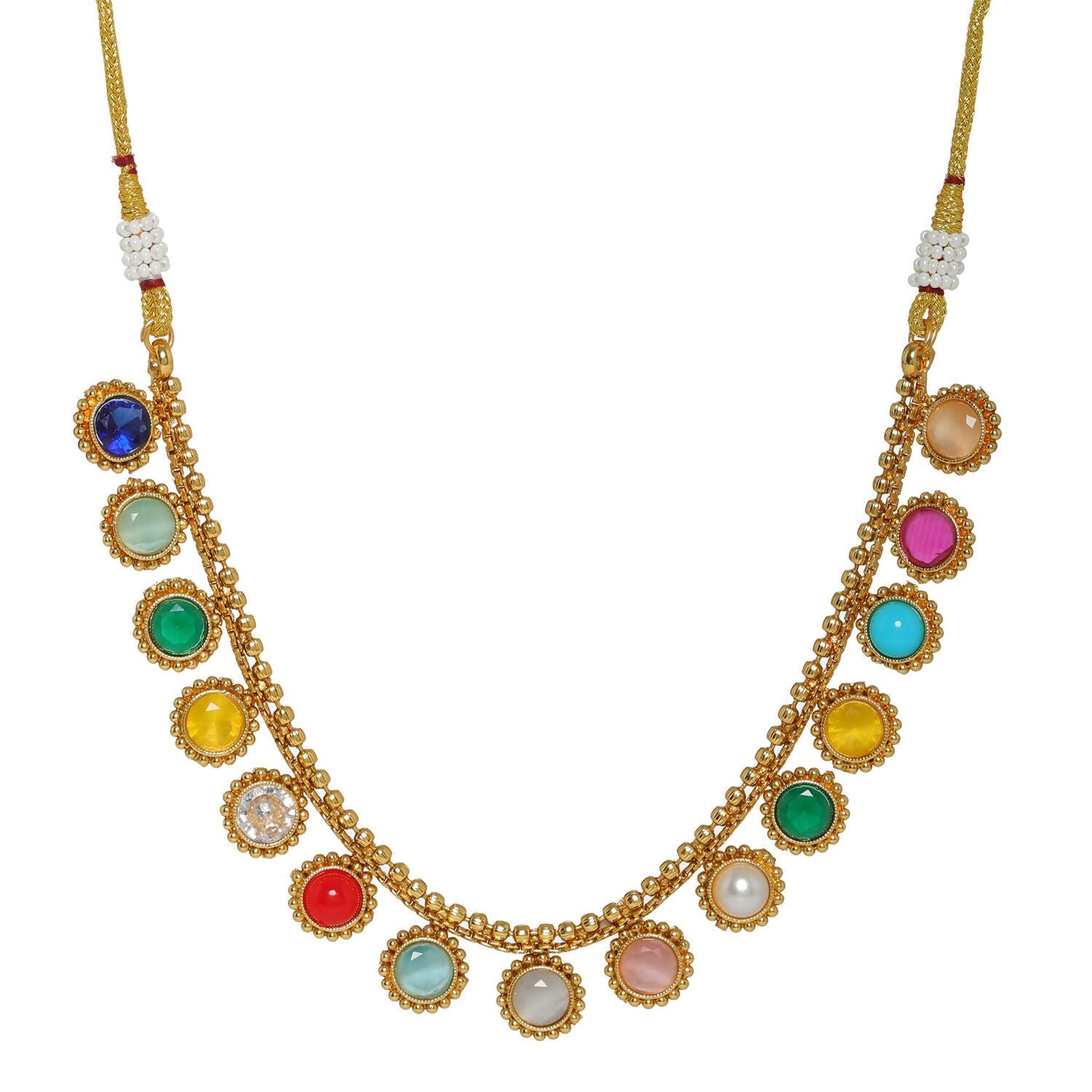 Multi Colored Stone in Gold Choker with Earrings (Multi Color) - Ruby Raang | Swadesiicart
