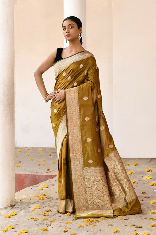 Joban Fashion Olive Pure Katan Pure Handloom Banarasi Silk Saree | Swadesiicart