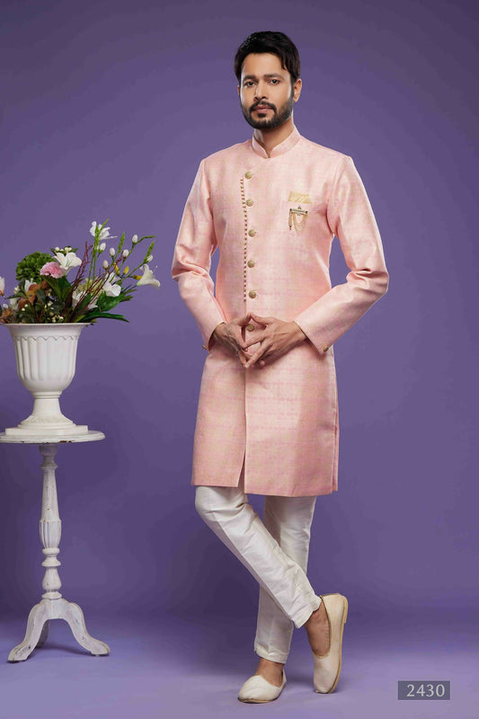 Raivat Ethnic Banarasi Jacquard Embroidery Semi Indo Western Sherwani In Pink Colour | Swadesiicart