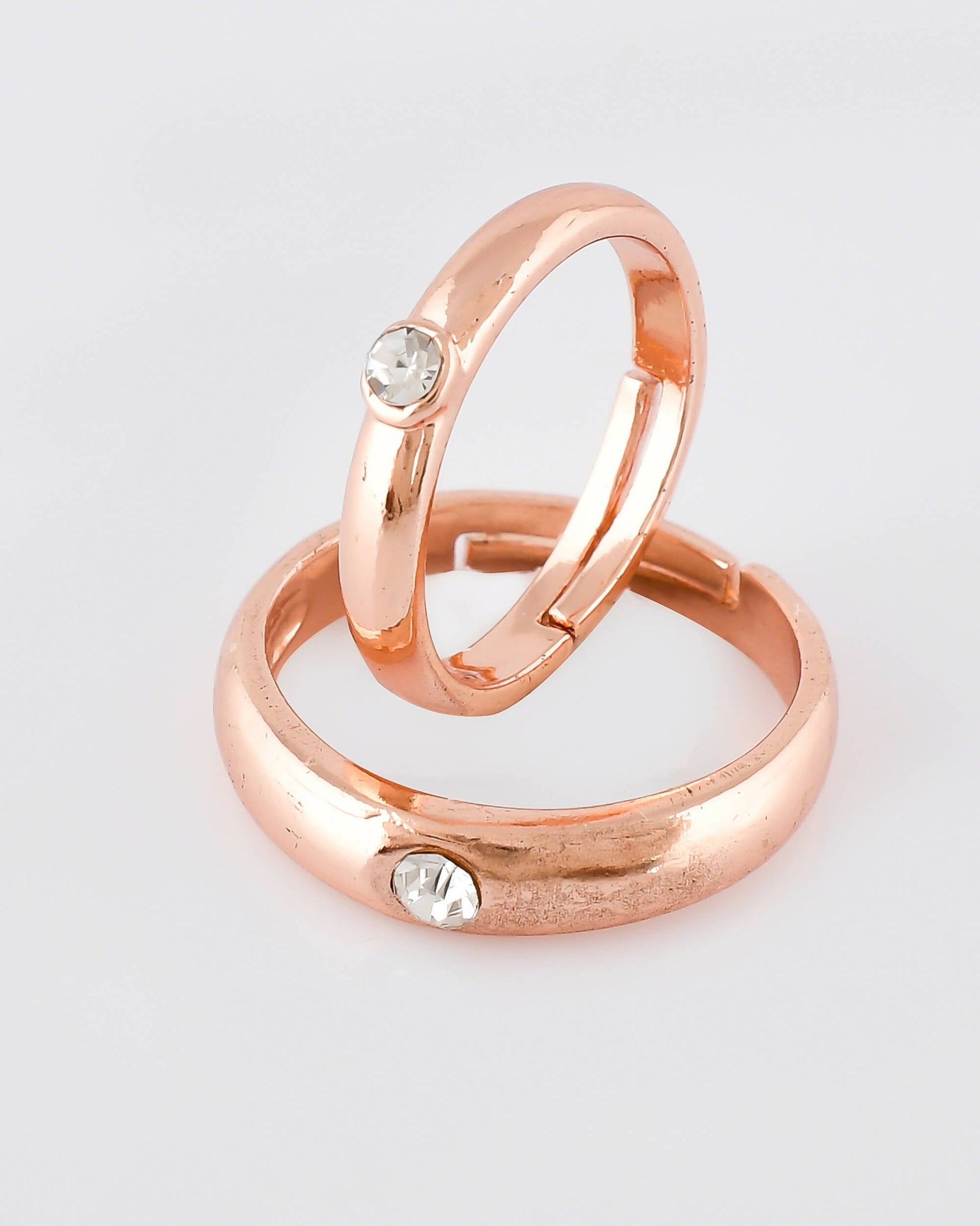 VOJ Stainless Steel Cubic Zirconia Gold-Polished Adjustable Couple Ring Set | Swadesiicart