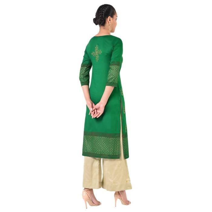 Aniyah Cotton Gold Print Straight Kurta In Green Color (AN-169K) - Swadesiicart