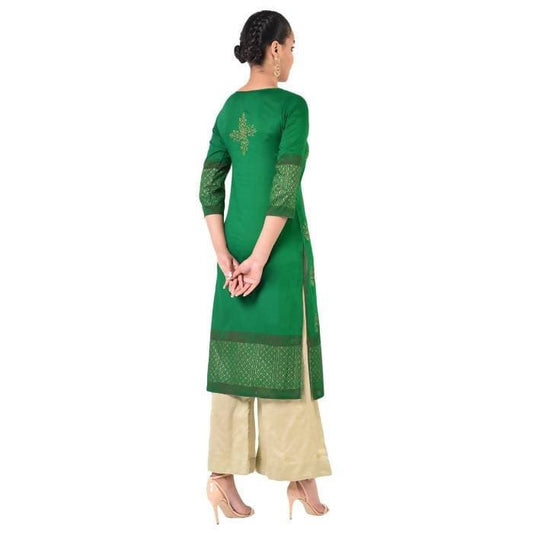Aniyah Cotton Gold Print Straight Kurta In Green Color (AN-169K) - Swadesiicart