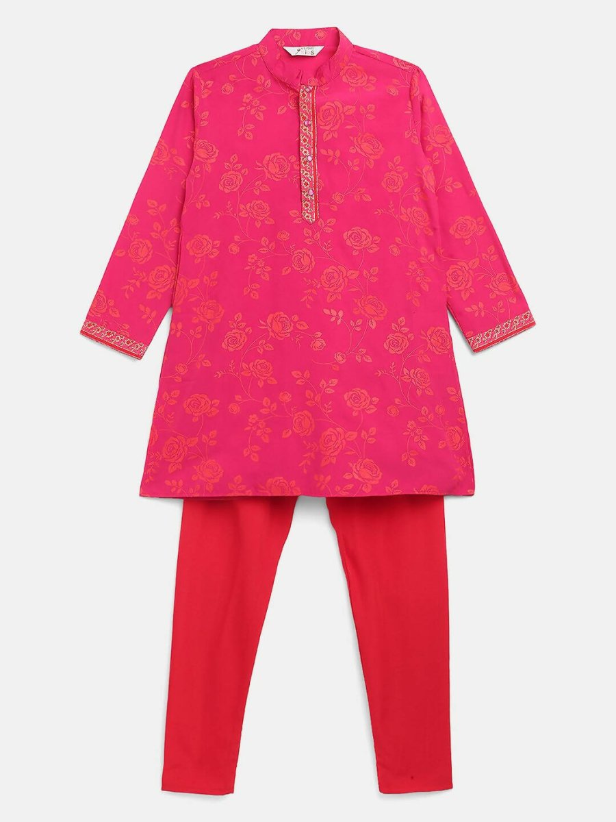 Ahalyaa Pink Crepe Orange Khari Print Kids Kurta Churidar Set For Boys | Swadesiicart