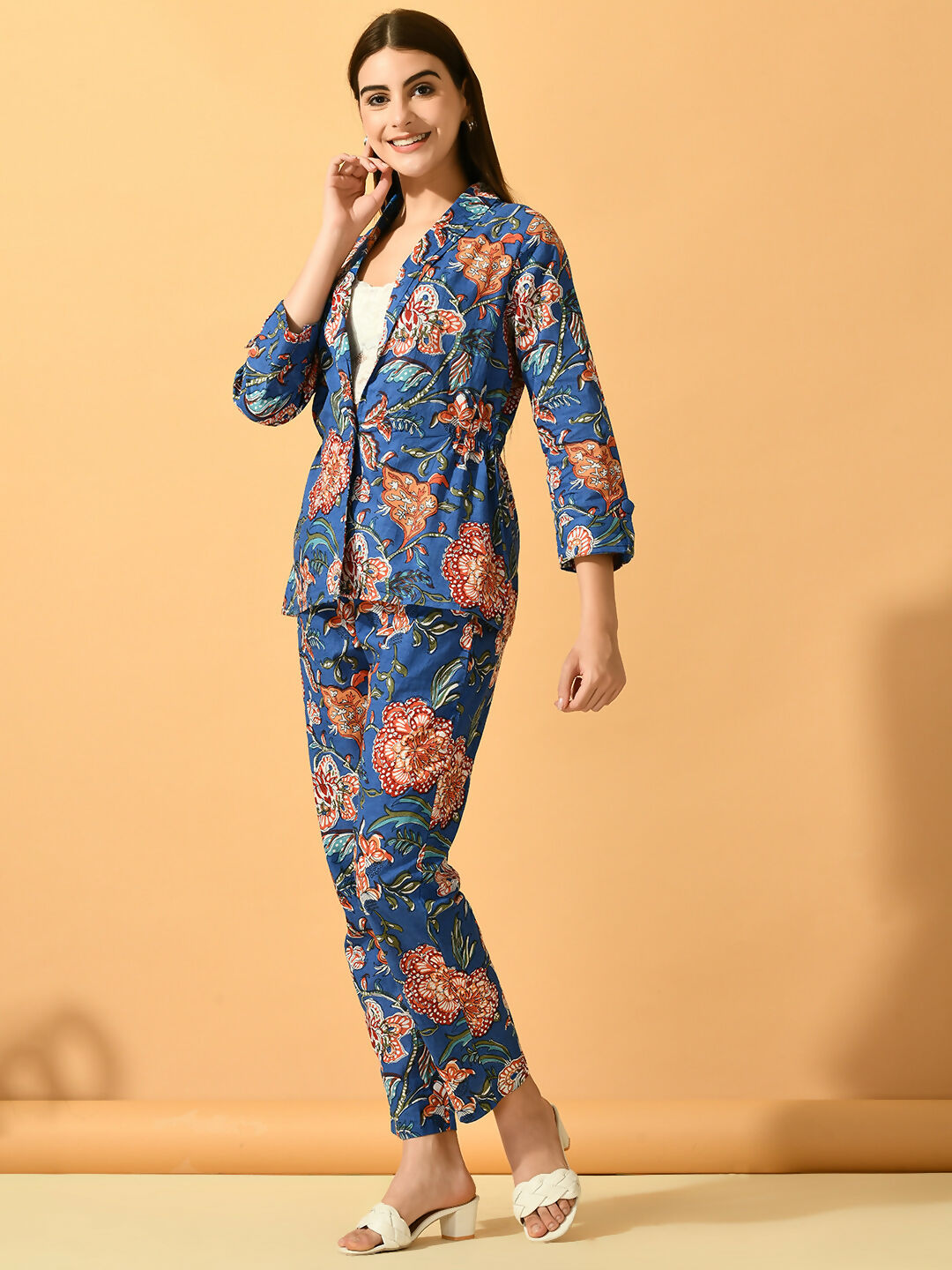 Myshka Women's Blue Printed Coat With Trousers - Swadesiicart