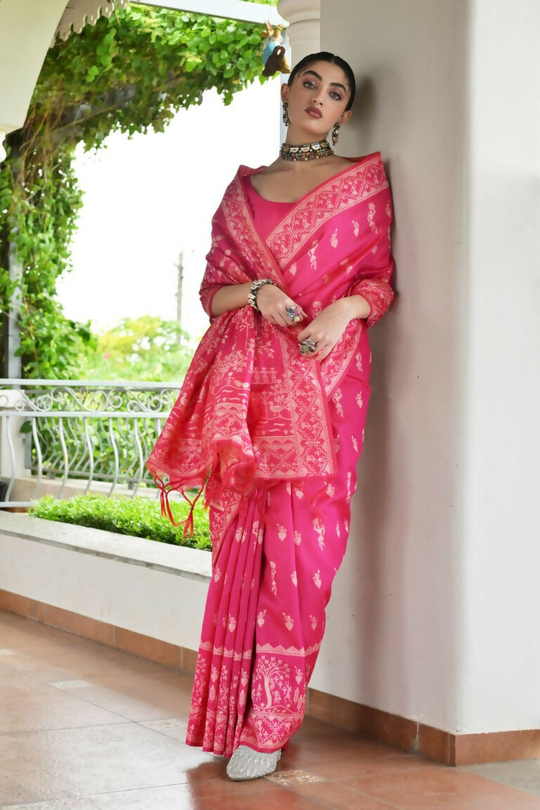 Vishnu Weaves Women's Rani Handloom Raw Silk Thread Weaving Saree with Blouse - Swadesiicart