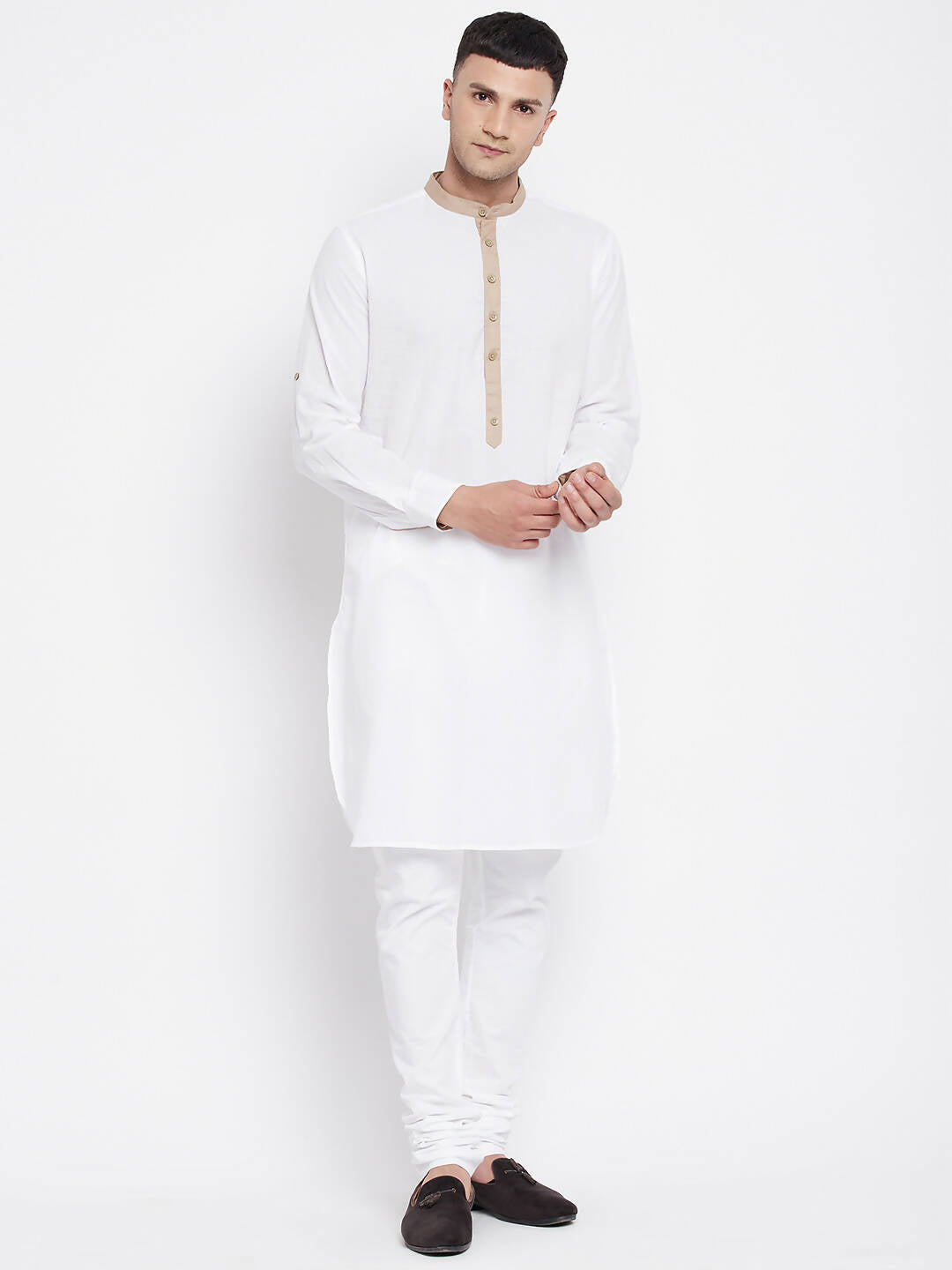 Even Apparels Beige Color Pure Cotton Men's Kurta With Band Collar | Swadesiicart