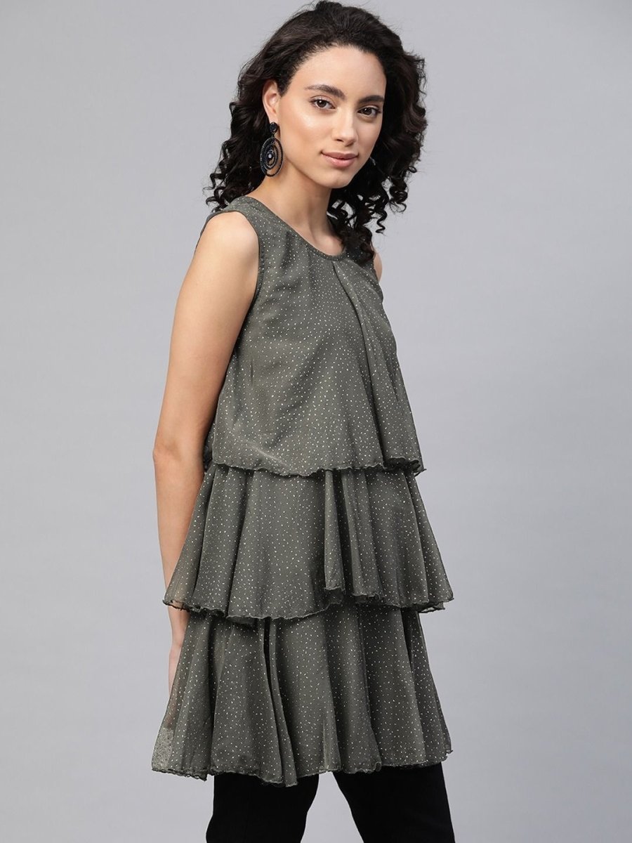 Ahalyaa Women Grey Chiffon Silver Glitter Printed Tiered Tunic | Swadesiicart