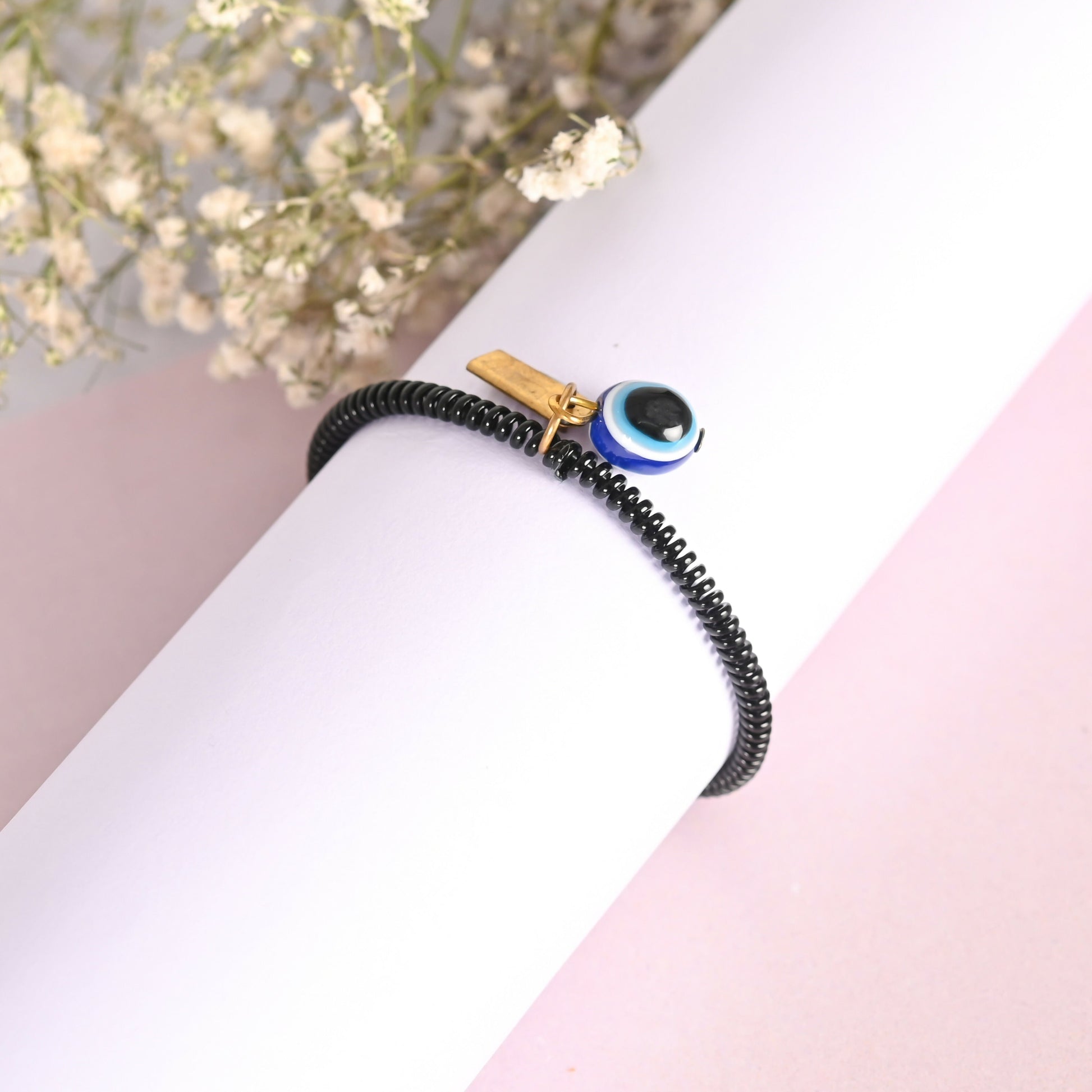 NVR Men & Women Black Evil Eye Crystal Spring Ring Bracelet - Swadesiicart
