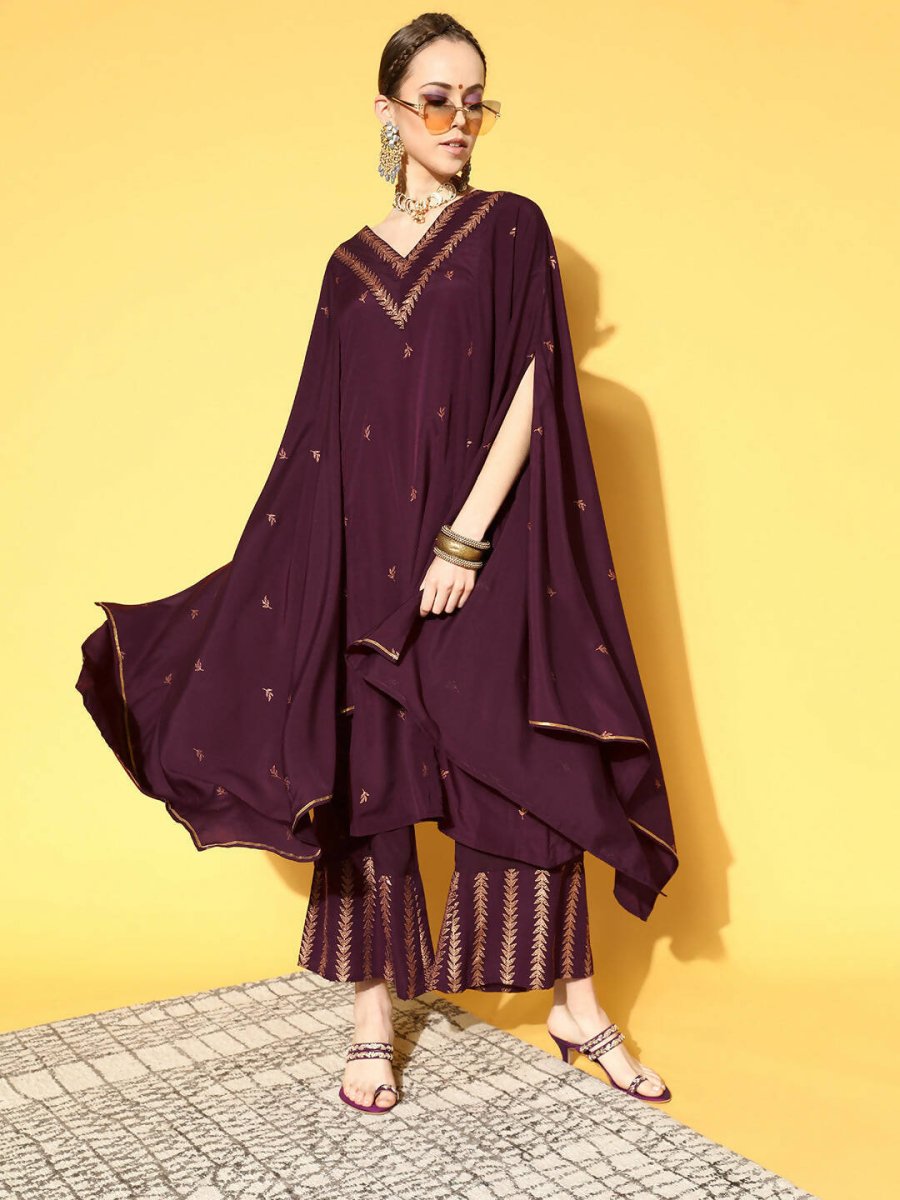Ahalyaa Women Wine Colour Crepe Gold Glitter Print Kurta Palazzo Set | Swadesiicart