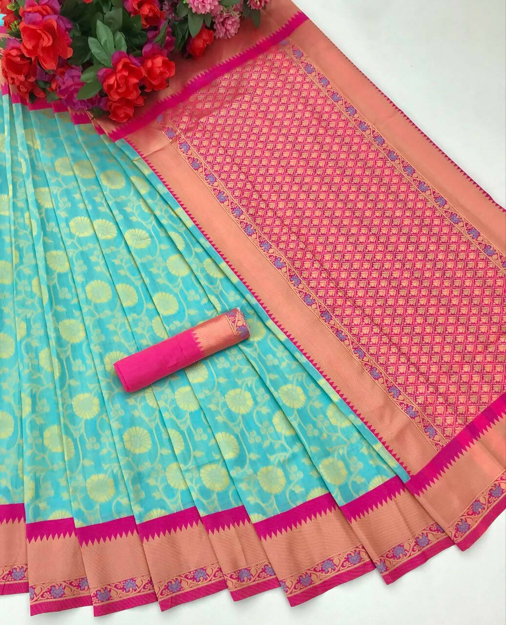 DEIANA'S Beautiful Designer Golden zari Soft Lichi Silk Saree - Sky - Swadesiicart