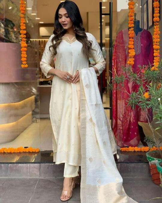 The52 White Beautiful Embroidered Viscose Chanderi Fabric Straight Kurta Pant with Dupatta Set - Swadesiicart