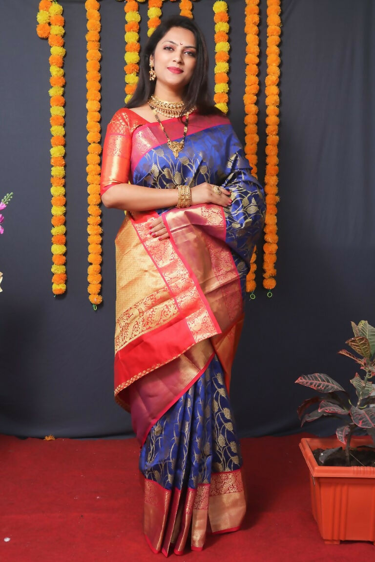 Jyoti Fashion Women's Blue Kanjivaram Silk Zari Woven Saree with Blouse | Swadesiicart