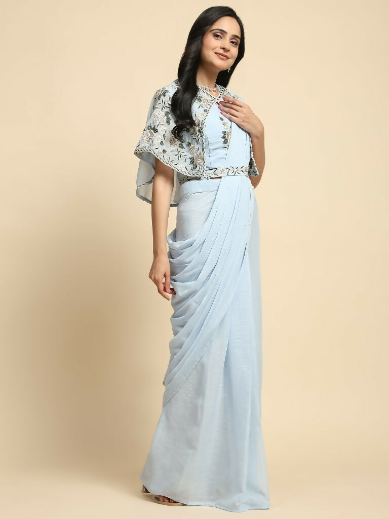 Blue Chiffon Solid Ready to wear Saree with stitched Blouse - Aayan | Swadesiicart
